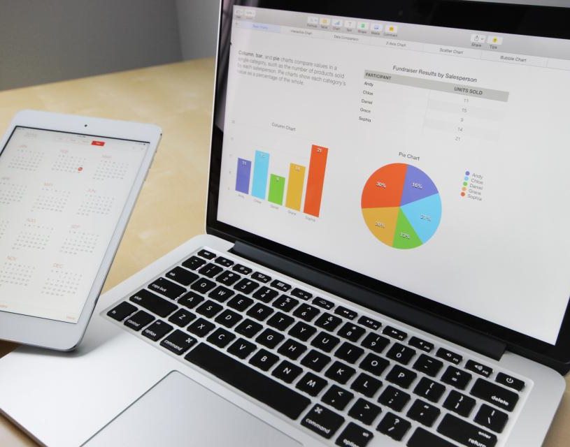 A laptop showing bar and pie charts beside a tablet