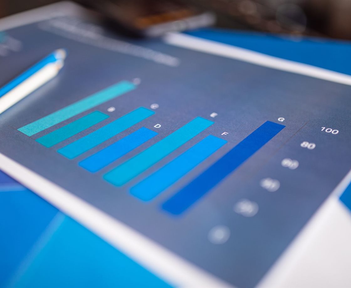 A blue bar chart of results on a screen