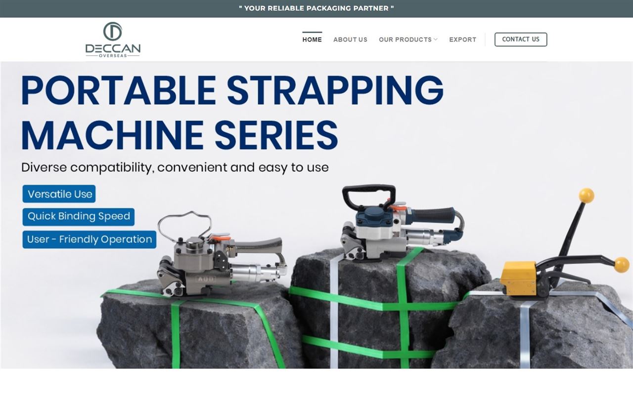 Deccan Overseas website on desktop: the Deccan Overseas homepage with a portable strapping machine hero