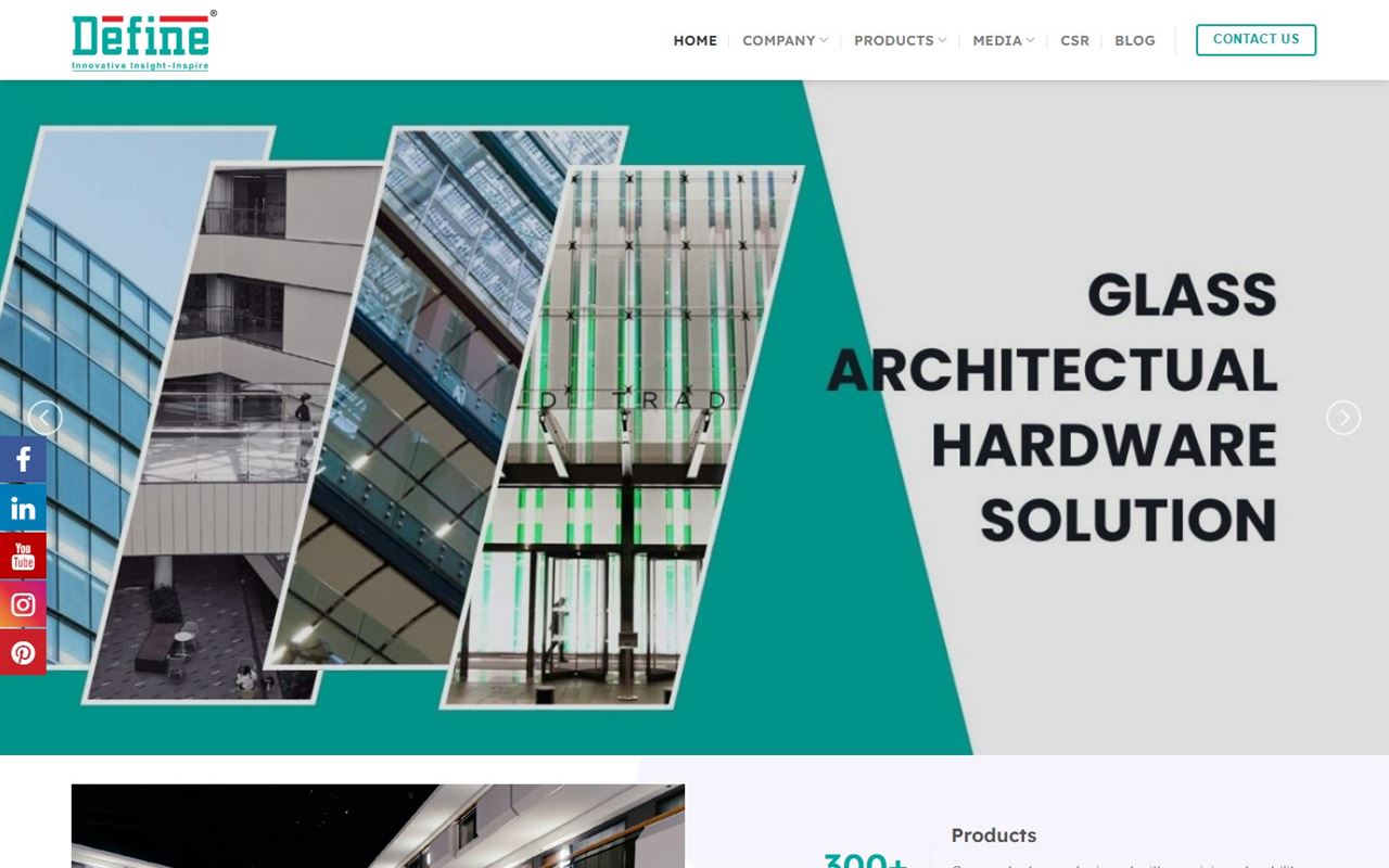 Define Hardware website on desktop: the Define Hardware homepage with a glass-fronted building hero