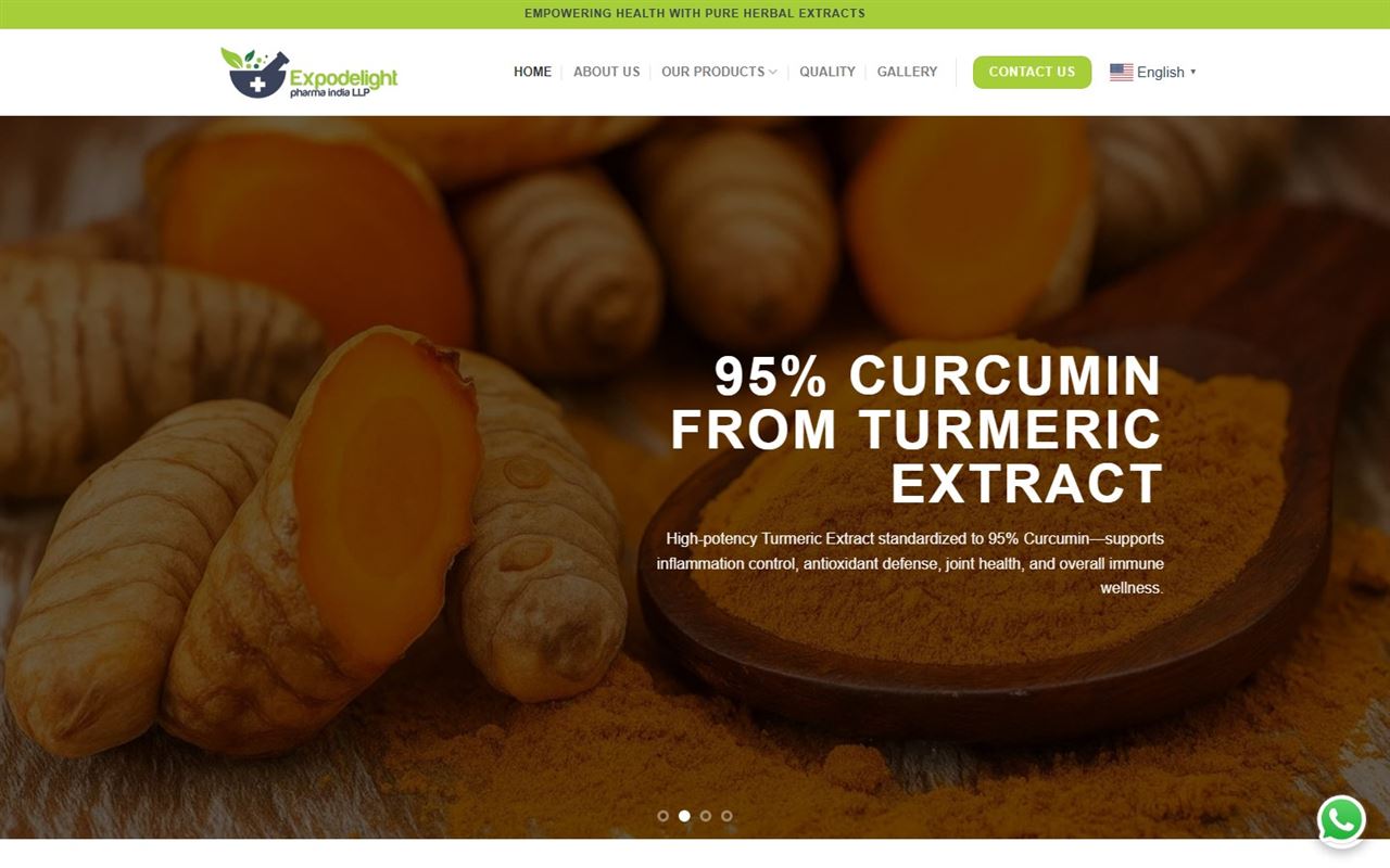 Expodelight Pharma website on desktop: the Expodelight Pharma homepage with an ashwagandha extract hero