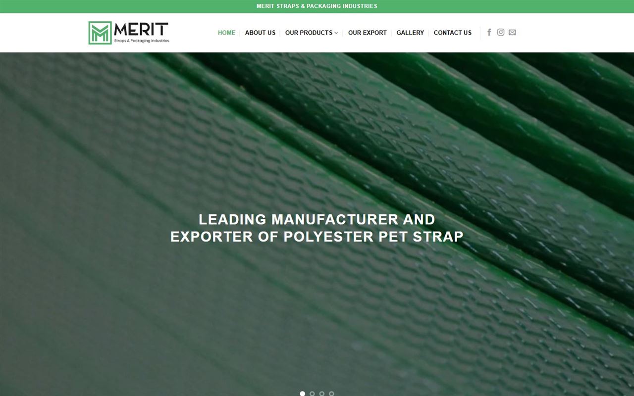 Merit Straps website on desktop: the Merit Straps homepage with steel strapping tools