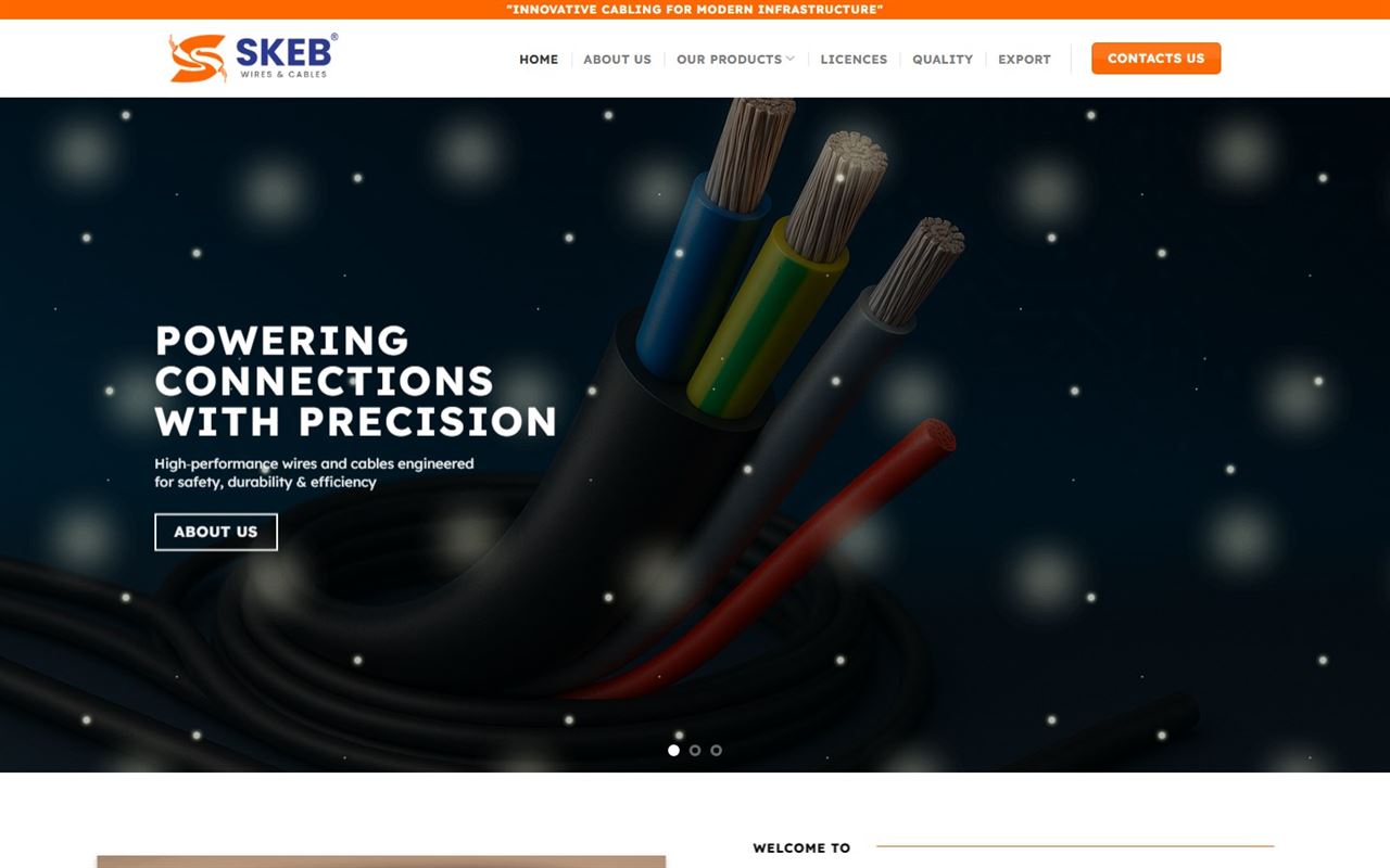 SKEB Wires website on desktop: the SKEB Wires homepage with a high quality submersible cable hero