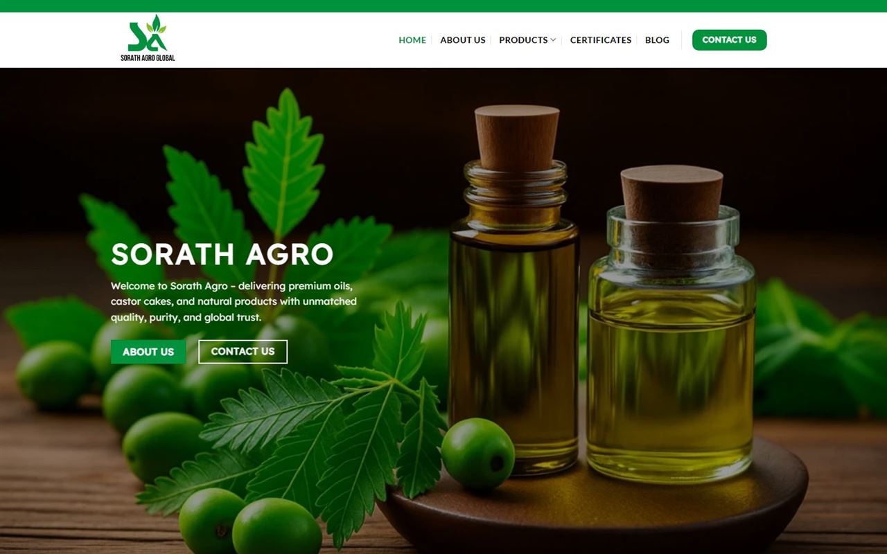 Sorath Agro website on desktop: the Sorath Agro homepage with oil bottles and castor leaves